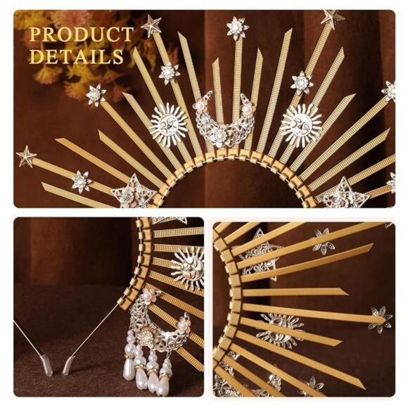 Sunburst Spike Sun Crown - Moon Star Greek Goddess Gold Halo Headband main image 5